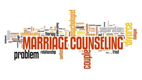 Marriage counselor - relationship problems solution. Word cloud sign. Illustrazione stock