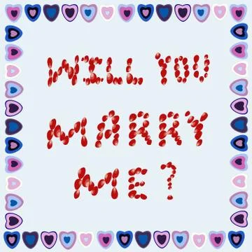 Marriage proposal  in a frame of hearts on a blue background Stock Illustration