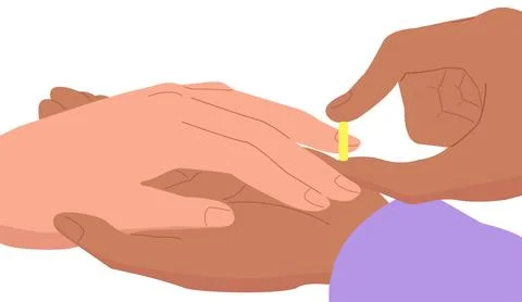 Marriage proposal, wedding ring, two hands, newlyweds, love and trust. Stock Illustration
