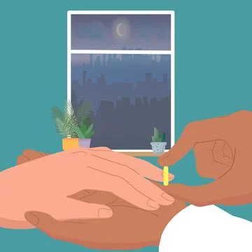 Marriage proposal, wedding ring, two hands, newlyweds, love and trust. Illustrazione stock