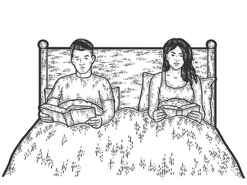 Married couple before going to bed, read books. Engraving vector illustration. Stock Illustration