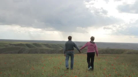 Married couple having joined hands admire the nature Video stock 63180589