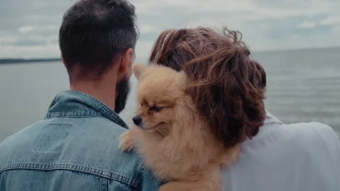 Married Couple Hugging with Spitz on Cloudy Beach Stock Footage 328559560