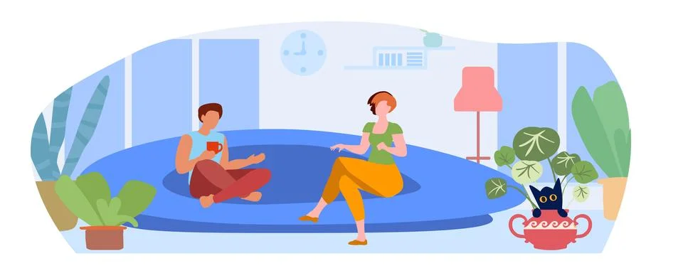 A married couple on the sofa, weekend, interior, modern  flat vector illust.. Ilustração Stock