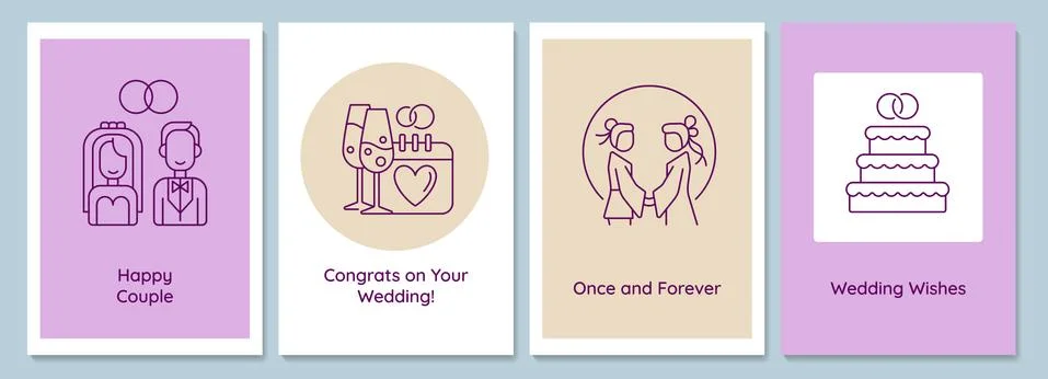 Married life beginning postcards with linear glyph icon set Stock Illustration