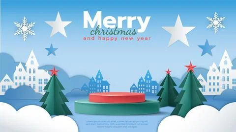 Marry Christmas background. 3D podium, empty platform. Paper cut element Stock Illustration