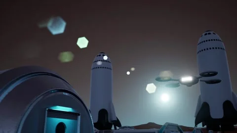 Mars 3d animation. Spaceships with drones and walking humans, ai robots. Video stock 294123384
