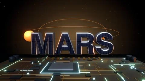 MARS 3D Text with Orbiting Planets on a Circuit Board Stock Illustration