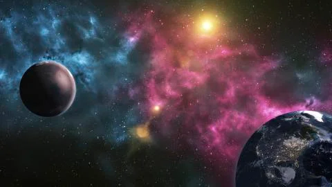 Mars and earth. Distance between them. The elements of this image furnished b Stock Photos