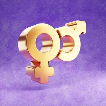 Mars and Venus icon. Gold glossy Mars and Venus symbol isolated on violet velvet Ilustração Stock