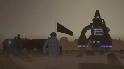 Mars Astronaut with space ship and flag animation Stock Footage 135914953