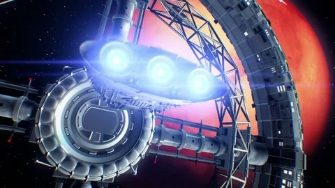 Mars on backdrop. Spaceship flies into the door of giant space torus. 스톡 동영상 85066048