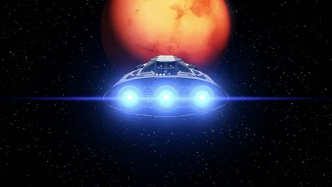 Mars on background, extraterrestrial sci-fi spaceship approaching to Planet Stock Footage 85068795