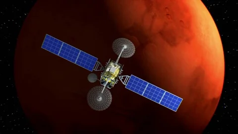 Mars on background, fictional observation satellite flies past, 3d animation Vídeo Stock 85028792