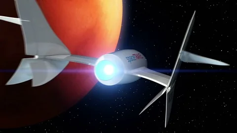 Mars on the background. Fictional spaceplane flies past Planet. Stock Footage 85066800