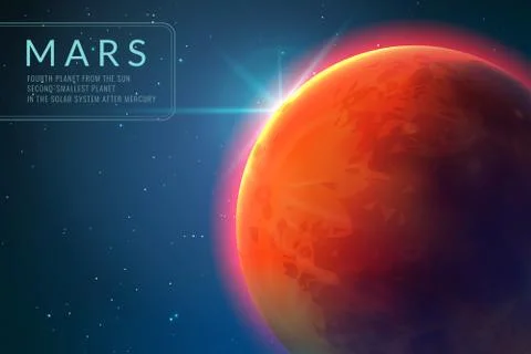 Mars background. Red planet with texture in outer space. Rising sun and mars Stock Illustration