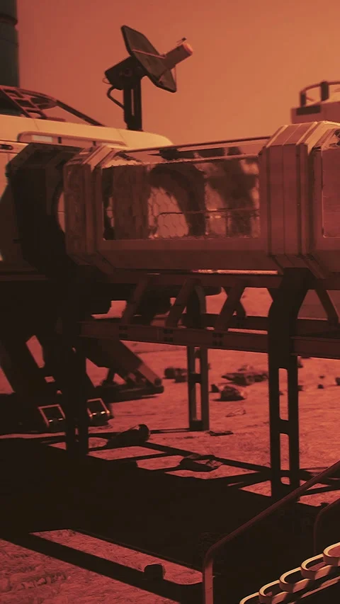 Mars base construction with habitat unit at dusk under red sky Stock Footage 335355903