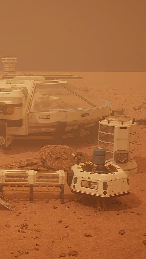Mars base during a dust storm with vehicles and equipment on the surface Stock Footage 337952698
