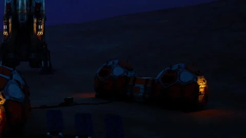 Mars base during twilight with structures and vehicles in view Stock Footage 344888603