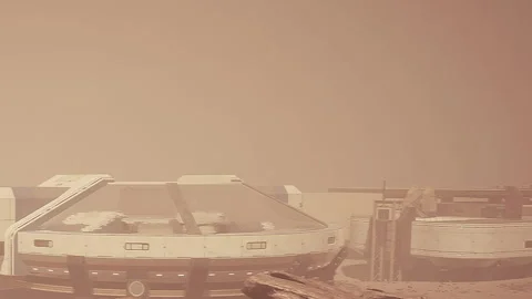 Mars base in a dusty environment with construction activity underway Stock Footage 344855873