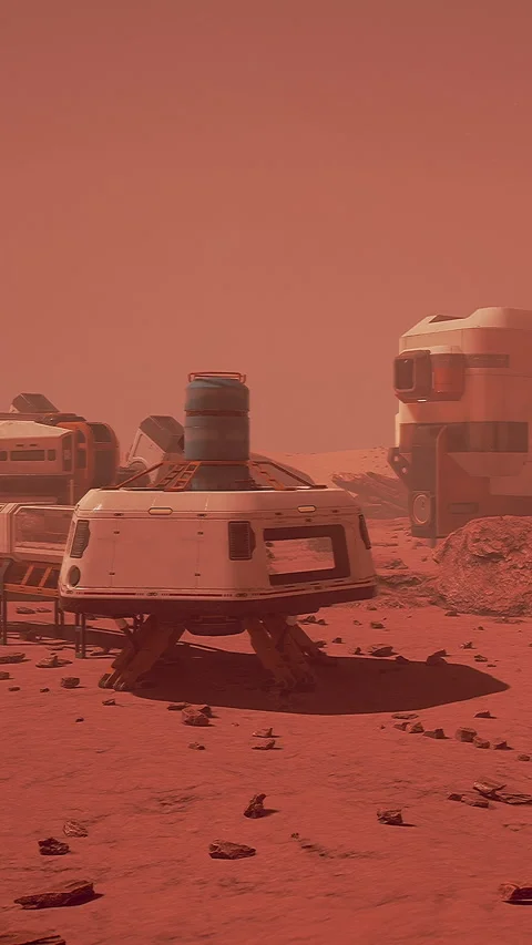 Mars base with habitat modules and exploration vehicle on the surface Stock Footage 337950345
