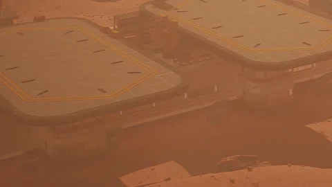 Mars base with landing area on red planet surface at sunset Stock Footage 343936898
