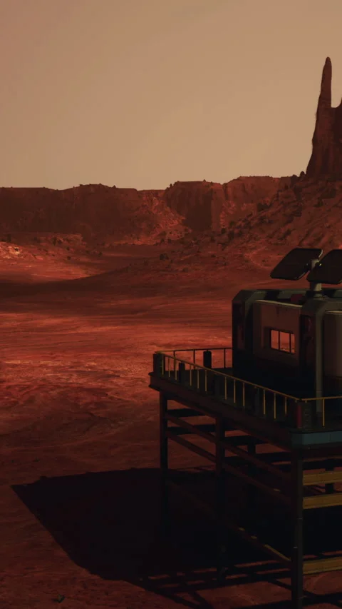 Mars base on red planet during sunset with mountains in background Stock Footage 338389460