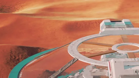Mars base on red planet with reflective surface and structures Stock Footage 344374279