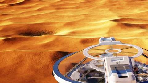 Mars base with round structure on red landscape during daytime Stock Footage 344096718