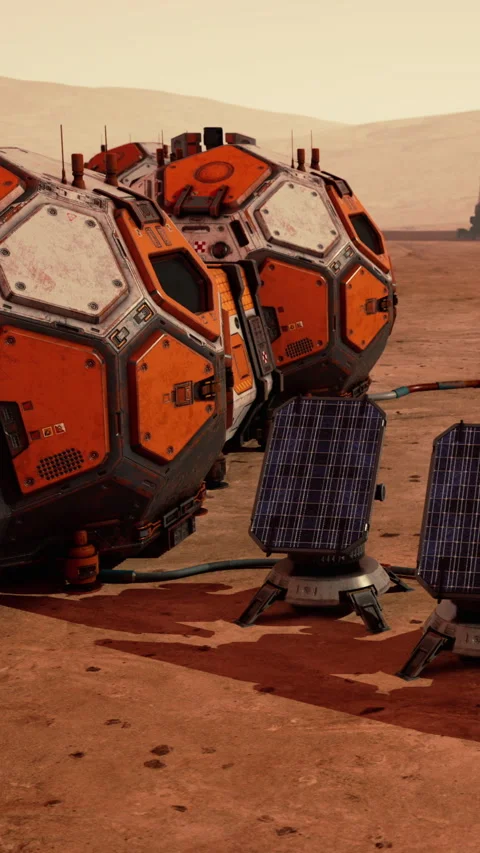 Mars base with solar panels and habitat modules during daytime Stock Footage 339044943