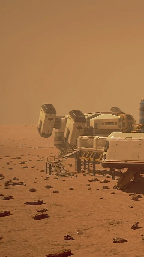 Mars base structure stands in red dust under orange sky Stock Footage 334175415