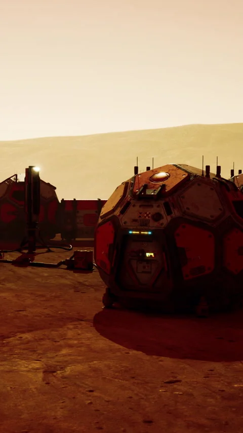 Mars base structures during sunset on the red planet surface Stock Footage 342128067