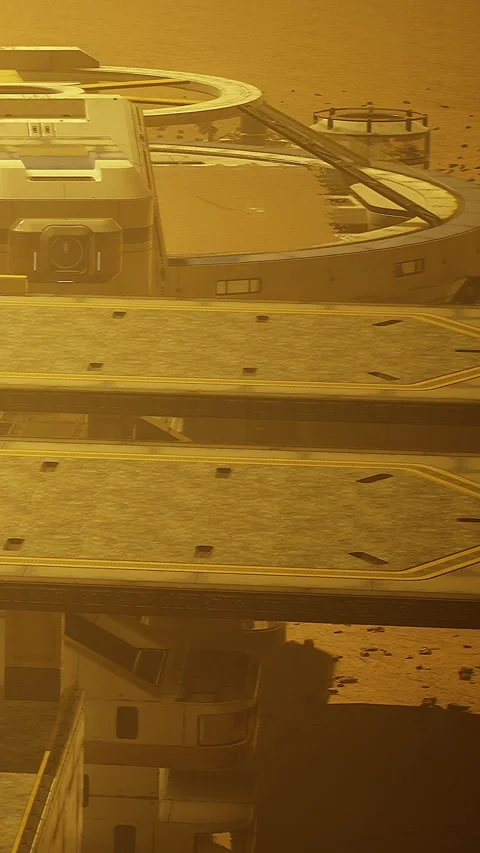 Mars base under sunset with spacecraft in background near horizon Stock Footage 332223719