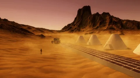 Mars Colony with Astronauts, Dust Storm Mars Rover, Solar Panels and Habitats Stock-Footage 91797953