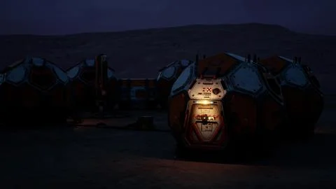 Mars colony base illuminated during evening hours with habitat modules visibl Stock Illustration