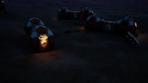 Mars colony base illuminated at night showcasing structures and environment Stock Illustration