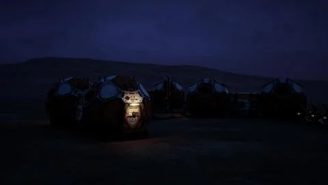 Mars colony base illuminated at night in a remote extraterrestrial landscape Stock Illustration