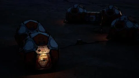 Mars colony base illuminated at night with habitat modules and equipment Stock Illustration