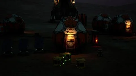 Mars colony base at night with illuminated habitats and equipment Stock Illustration