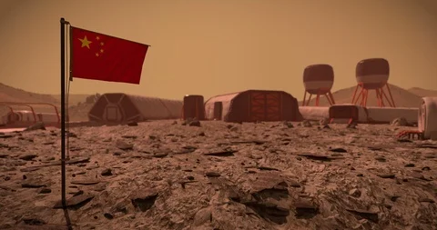 Mars colony with Chinese flag Stock Footage 111191225