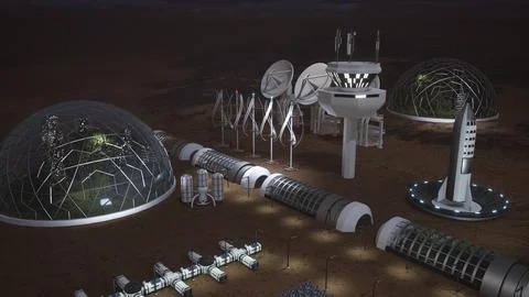 Mars colony command center biodome illuminating night sky Illustrazione stock
