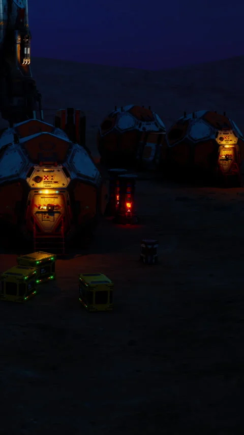 Mars colony at night with glowing structures and containers Stock Footage 341039813
