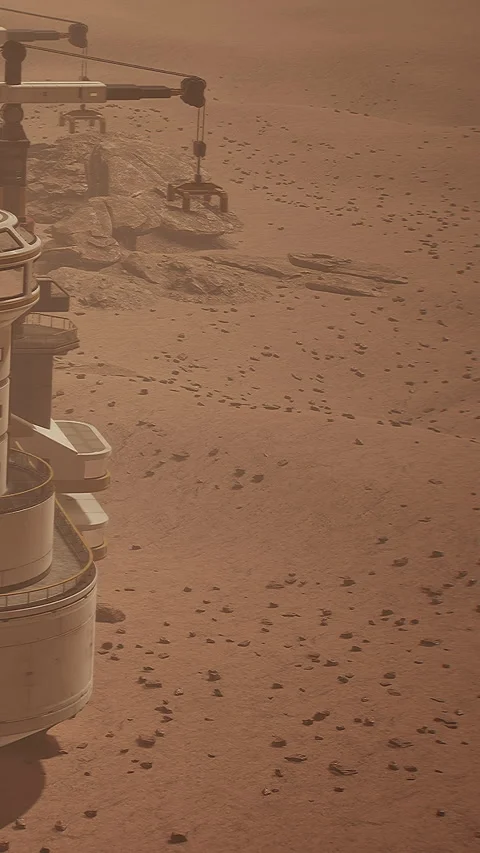 Mars colony structure with machinery on the red planet surface at sunset Stock Footage 338384280