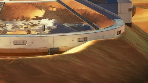 Mars colony structure sits surrounded by sandy terrain during daytime Stock Footage 344062412