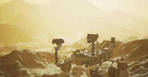 Mars curiosity rover exploring the dusty terrain under a yellowish sky Stock Illustration