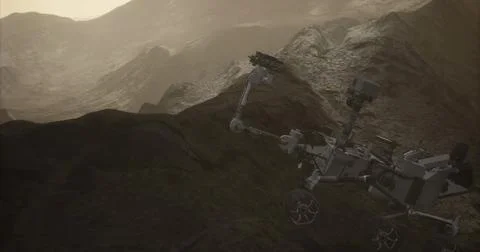 Mars Curiosity rover exploring the rocky terrain of an alien landscape Stock Illustration