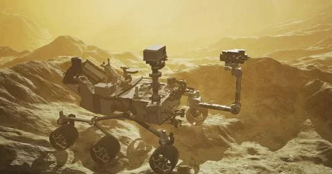 Mars Curiosity rover exploring the surface of the red planet during sunset Stock Illustration