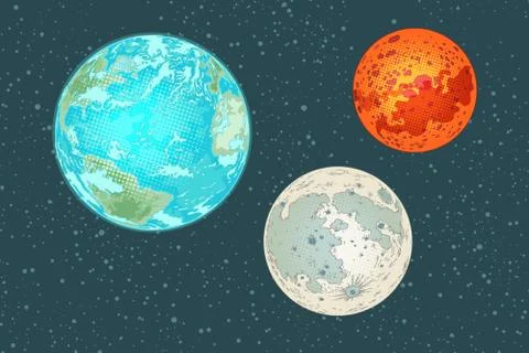 Mars earth and moon, planets of the solar system Ilustração Stock