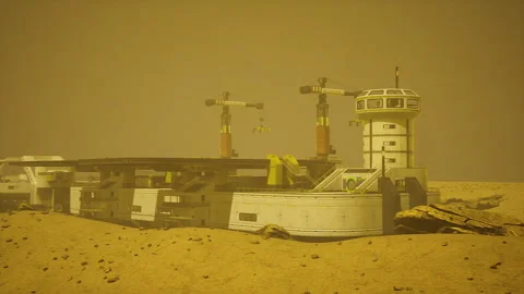 Mars energy layout. Mars base featuring solar arrays and utility pathways Stock Footage 341830189