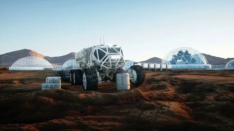 Mars expedition transport, mars rover. Base on alien planet. Realistic animation Stock Footage 71034527